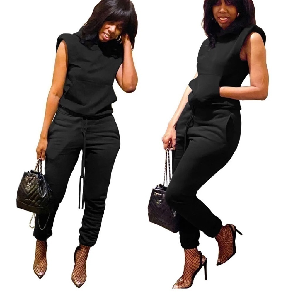 Black! Black Two Piece Sleeveless Jogging Suit